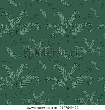 Hand drawn cartoon dark green vector seamless pattern with ferns, brackens and branches with leaves. Surface print design for apparel, textile, fabric, giftwrap, wrapping paper, wallpaper, packaging