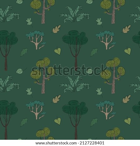 Hand drawn cartoon dark woodland vector elements seamless pattern with trees, leaves, ferns, bushes and scrubs (shrubs).Surface print design for apparel, textile, fabric, giftwrap, wallpaper,scrapbook