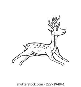 Hand drawn cartoon deer animal wildlife. Deer running and jumping doodle character vector illustration.