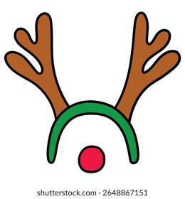 Hand drawn cartoon deer antlers and nose christmas mask isolated on white background. Vector illustration.