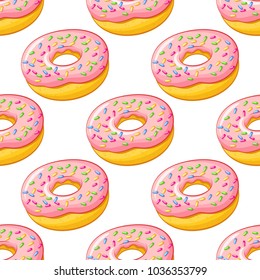 Hand drawn cartoon delicious pink strawberry donut seamless pattern, realistic food illustration, repeating colorful vector background. 