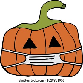 Hand drawn cartoon depiction of a carved pumpkin wearing face mask. It is a COVID-19 pandemic themed versatile vector for halloween, autumn, thanksgiving concepts.