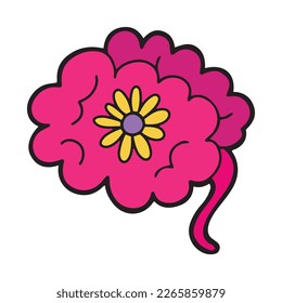 Hand drawn cartoon design brain with a flower, isolated vector illustration with bold contour, positive thinking concept