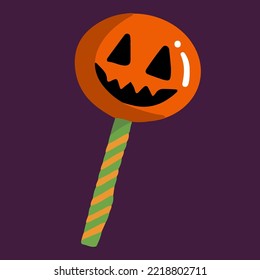 Hand drawn cartoon design of orange lollipop with spooky face in doodle style. Halloween isolated illustration of sweets