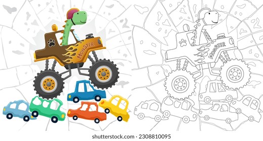 Hand drawn cartoon of dinosaur on monster truck crushing small vehicles, coloring book or page