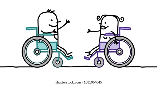 Hand drawn Cartoon Disabled Couple facing in Wheelchairs