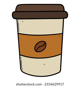 Hand drawn cartoon disposable coffee cup isolated on white background. Vector illustration.