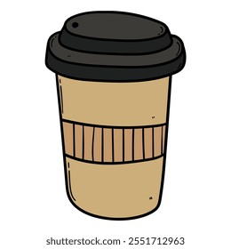 Hand drawn cartoon disposable paper coffee cup isolated on white background. Vector illustration.