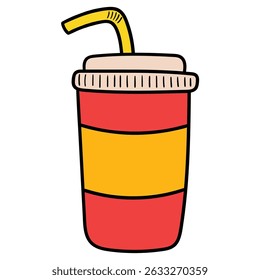Hand drawn cartoon disposable paper cup with straw isolated on white background. Vector illustration.