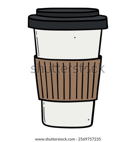 Hand drawn cartoon disposable paper cup isolated on white background. Vector illustration.