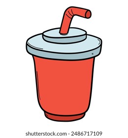 Hand drawn cartoon disposable plastic red cup with straw isolated on white background. Vector illustration.