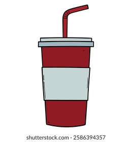 Hand drawn cartoon disposable plastic red cup with straw isolated on white background. Vector illustration.