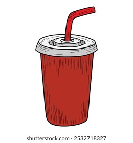 Hand drawn cartoon disposable red cup with a straw isolated on a white background. Vector illustration.