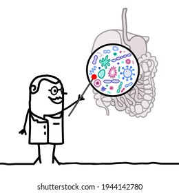 Handgezeichneter Cartoon-Arzt, der erklärt, was Micro-Biota im Verdauungssystem ist