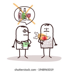Hand drawn Cartoon Doctor saying "No Alcohol" to a man with Liver problems