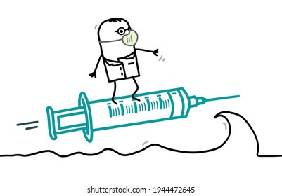 Hand drawn Cartoon Doctor Surfing on the Wave with Syringe and Vaccine