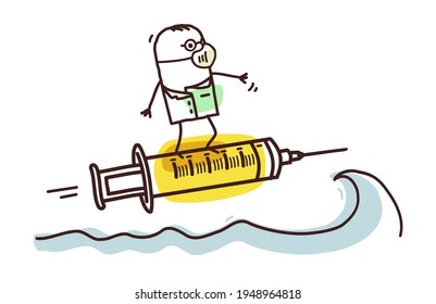 Hand drawn Cartoon Doctor Surfing on the Wave with Syringe and Vaccine