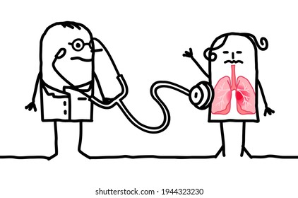 Hand drawn Cartoon Doctor using Stethoscope and Woman with Pulmonary problems