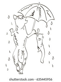 Hand drawn cartoon dog and cat with umbrella in the rain. Isolated on white background. Vector illustration eps 10
