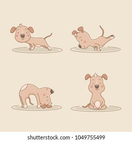 Hand drawn cartoon dog doing yoga exercise. Animal healthy meditation and stretching asana. Vector outline illustration. Sport lifestyle. Fun pet sitting in fitness position. Wellness background.