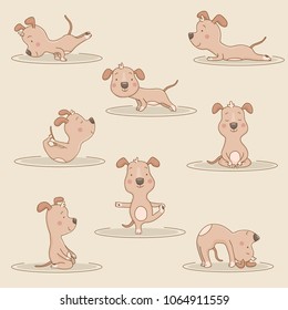 Hand drawn cartoon dog doing yoga exercise. Animal healthy meditation and stretching asana. Vector outline illustration. Sport lifestyle. Fun pet sitting in fitness position. Relaxation background.