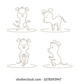 Hand drawn cartoon dog doing yoga exercise. Animal healthy meditation and stretching asana. Vector outline illustration. Sport lifestyle. Fun pet sitting in fitness position. Wellness background.