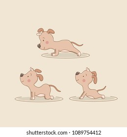 Hand drawn cartoon dog doing yoga exercise. Animal healthy meditation and stretching asana. Vector outline illustration. Sport lifestyle. Pet in fitness position. Wellness and relaxation background.