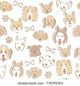 hand drawn cartoon dog face seamless pattern. various cute dogs.