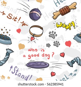 Hand drawn cartoon dog pattern. Pet seamless print. Puppies vector background