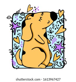 Hand drawn cartoon dog vector colour illustration. Cute and funny puppy with stars, hearts and design elements. Cartoon style drawing. Template for design notebook, cards, T-shirt, posters.