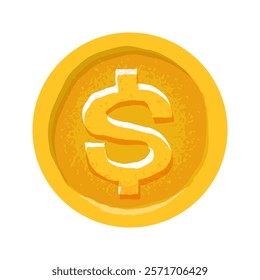 Hand drawn cartoon dollar gold coin isolated on a white background. Vector illustration.
