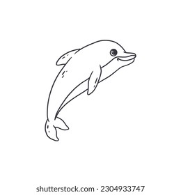 Hand drawn cartoon dolphin in doodle style isolated on white background. Sketch. Coloring. Vector illustration 