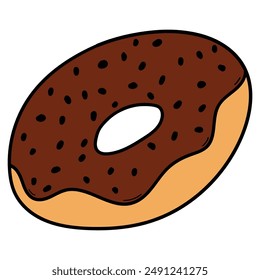 Handgezeichneter Cartoon-Donut mit Schokoladenglasur isoliert auf weißem Hintergrund. Vektorillustration.