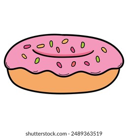 Handgezeichneter Cartoon-Donut mit rosa Glasur isoliert auf weißem Hintergrund. Vektorillustration.