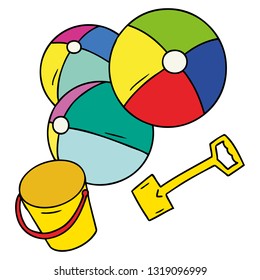 hand drawn cartoon doodle beach balls with a bucket and spade