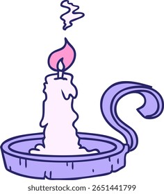 hand drawn cartoon doodle of a candle holder and lit candle in bright neon color