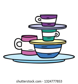 hand drawn cartoon doodle of colourful bowls and plates