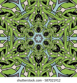 Hand Drawn Cartoon Doodle Comic Forest Kaleidoscope Mandala Seamless Texture Pattern with Christmas Trees Vector Art Illustration