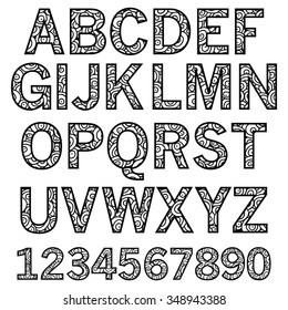 Hand drawn cartoon doodle ethnic ornamental font. Full vector alphabet, letters and numbers.