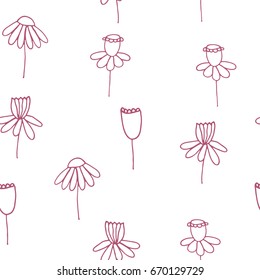 Hand drawn cartoon doodle flowers. Chamomiles and buds. Seamless floral pattern. Fashion style for prints, batik and silk textile, cushion pillow, bandanna or kerchief