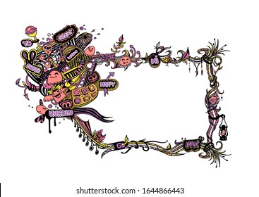Hand drawn cartoon doodle frame with signs (yo, great, wow, super, happy, hi, unicorn and max),faces smiling and surprised and woven plants.