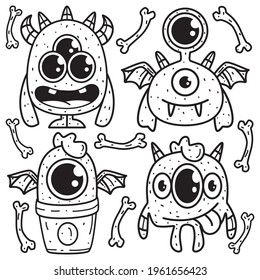 hand drawn cartoon doodle monster design for wallpaper, stickers, coloring books, pins, emblems, logos and more