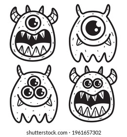 hand drawn cartoon doodle monster design for wallpaper, stickers, coloring books, pins, emblems, logos and more