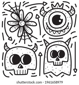 hand drawn cartoon doodle monster design for wallpaper, stickers, coloring books, pins, emblems, logos and more