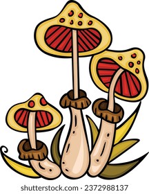 Hand drawn cartoon doodle of mushrooms with leaves