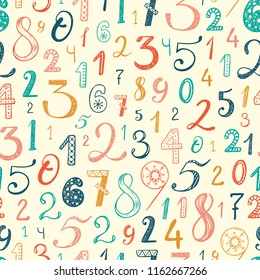 Hand drawn cartoon doodle Number seamless pattern. Colorful Latin alphabet numbers from 0 to 9 with different patterns. Mathematical background for kids. Back to school. Vector illustration