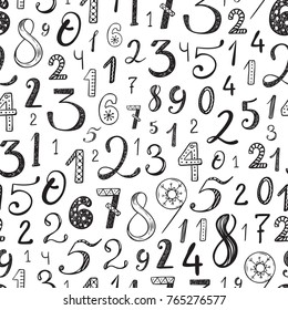 Hand drawn cartoon doodle Numbers seamless pattern. Mathematical background for kids. Back to school. Black and white Scandinavian style