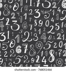 Hand drawn cartoon doodle Numbers seamless pattern. Mathematical background for kids. Back to school. Black and white