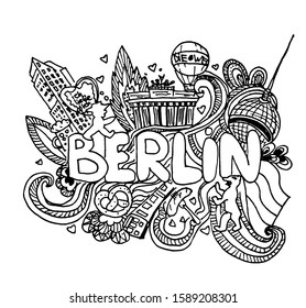 Hand drawn cartoon doodle set Berlin inscription. Hand lettering. Outline poster with Berlin sights and symbols. Vector illustration.