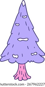Dibujado a mano de dibujos animados doodle solo árbol cubierto de nieve en color neón brillante